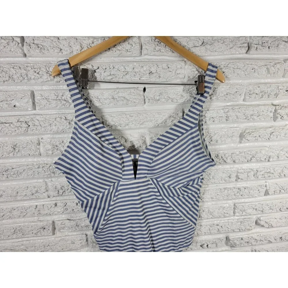 Time Tru Womens Swimsuit 1X Plus One Piece Blue Stripe Plunge Bra STR153E